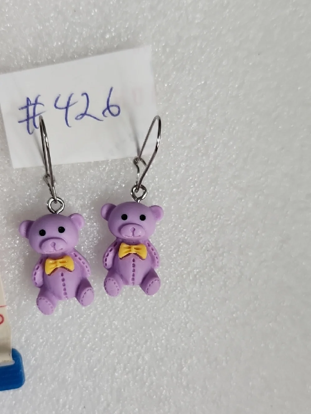Hand Crafted Purple Teddy Bear Earrings with Yellow Bow